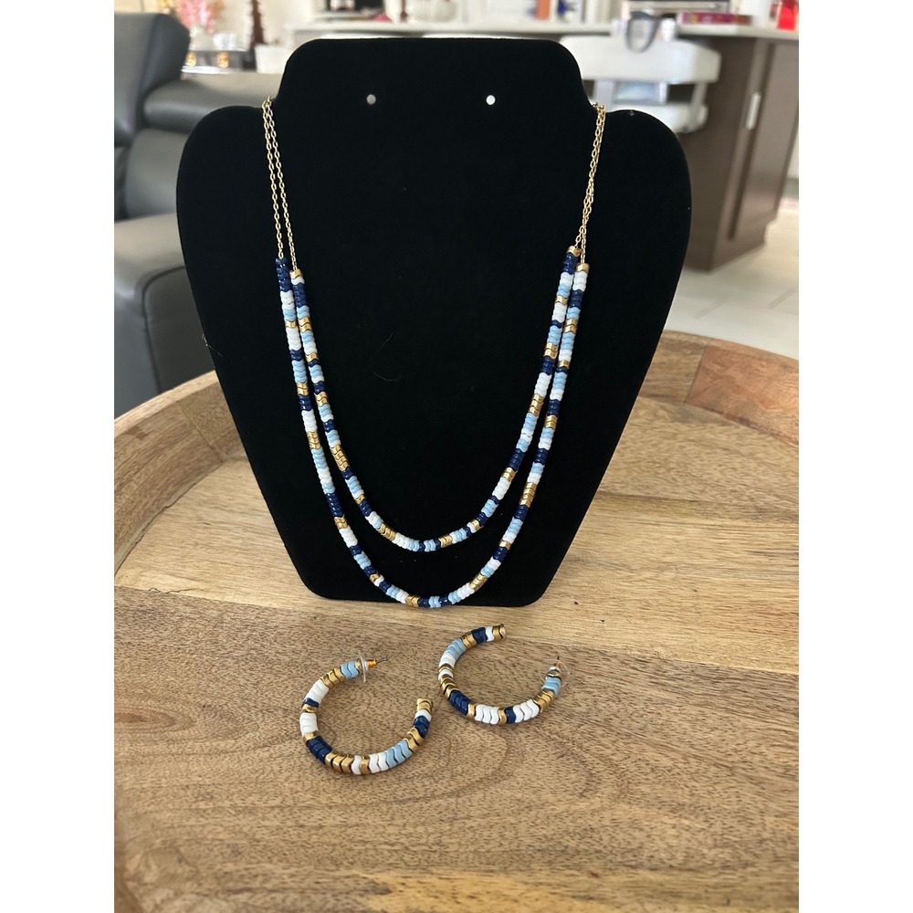 Blue and Gold Disc Beaded‎ Double Strand Necklace and Hoop Earring Set